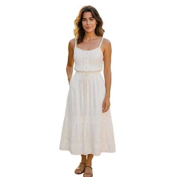 NEW POL Small White Crinkled Cotton Midi Dress Embroidered Cutouts Pullover BOHO - Picture 1 of 14
